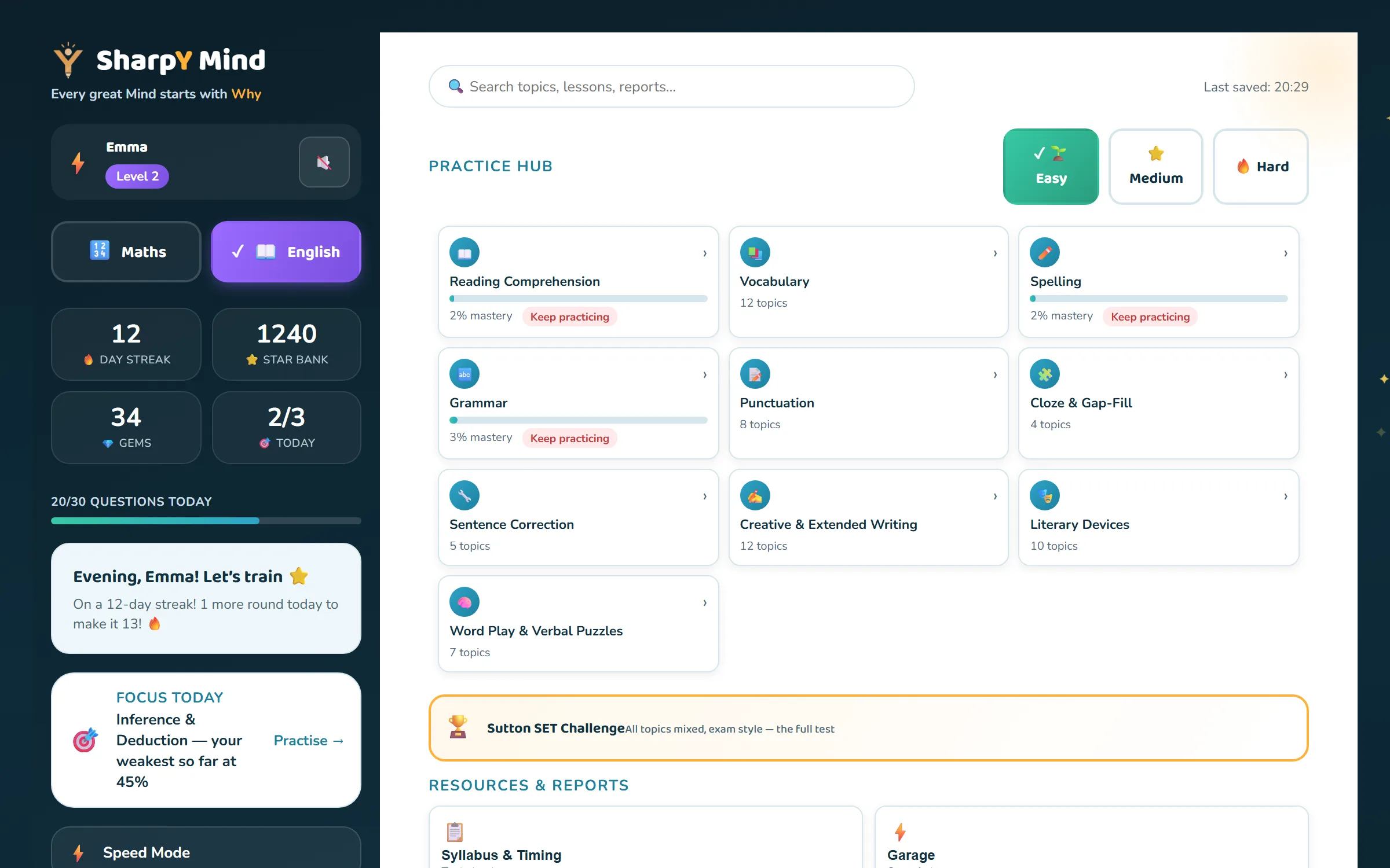 English practice hub — comprehension, vocabulary, spelling and grammar topics